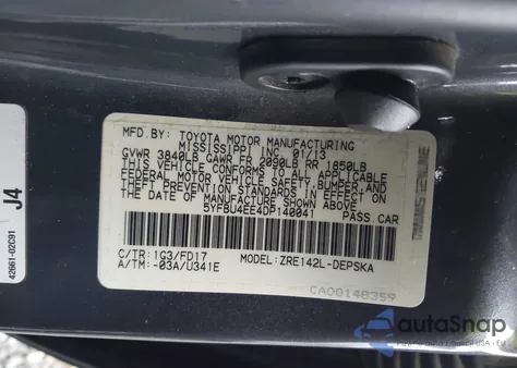 2013 Toyota Corolla S z USA, uszkodzony, nr VIN 5YFBU4EE4DP140041